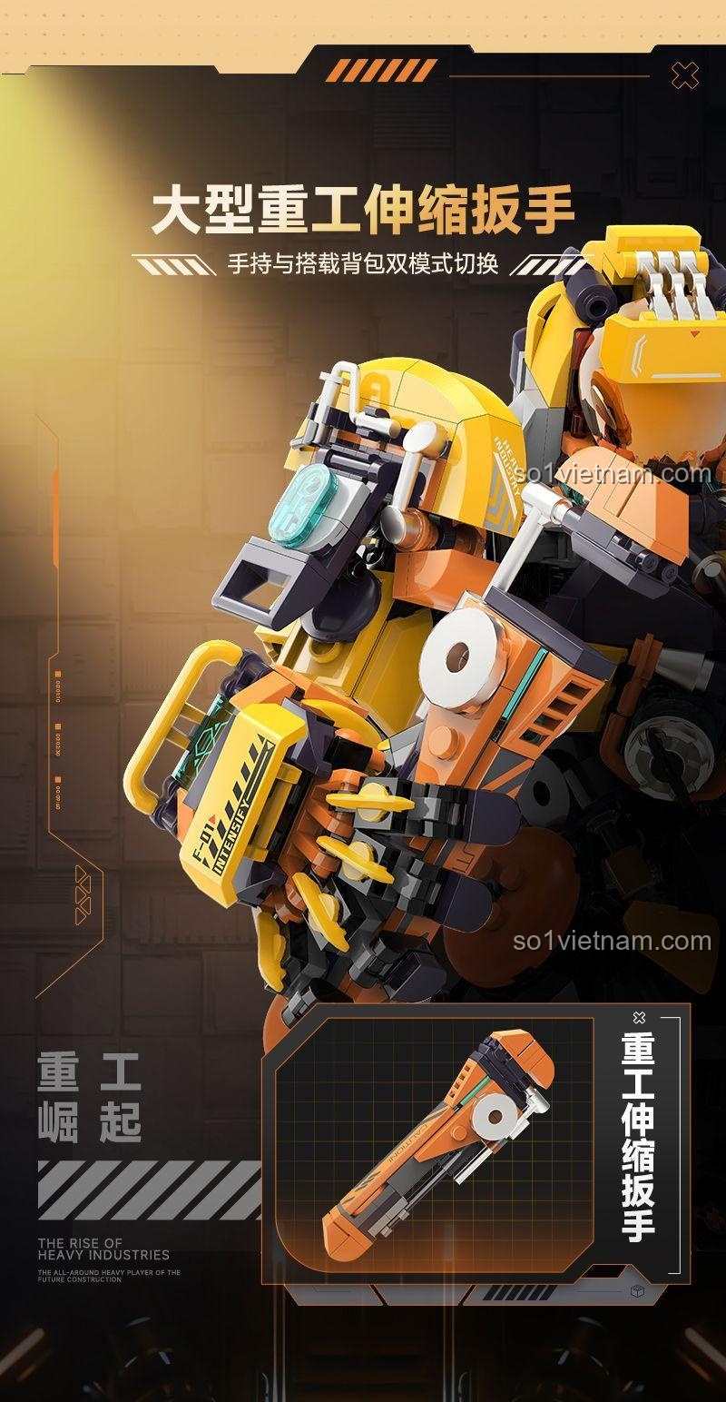 Cận cảnh chi tiết cờ lê co giãn và phần ba lô của Robot Cơ Khí Công Trình ib1104, thể hiện sự phức tạp trong thiết kế.