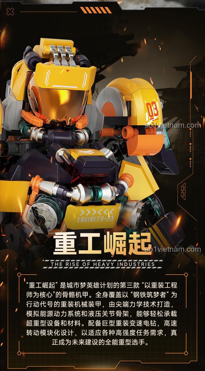 Giới thiệu cốt truyện của đồ chơi mô hình Robot Xây Dựng Khổng Lồ ib 1104, một mecha xương sống dành cho các kỹ sư tương lai.