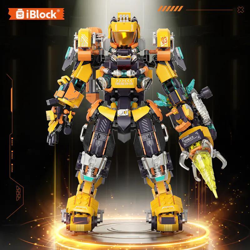 Ảnh chụp chính diện bộ lắp ghép Mecha Công Trình Hạng Nặng iBlock ib1104, một robot màu vàng đen hầm hố, giá rẻ, dành cho con trai 12 tuổi.