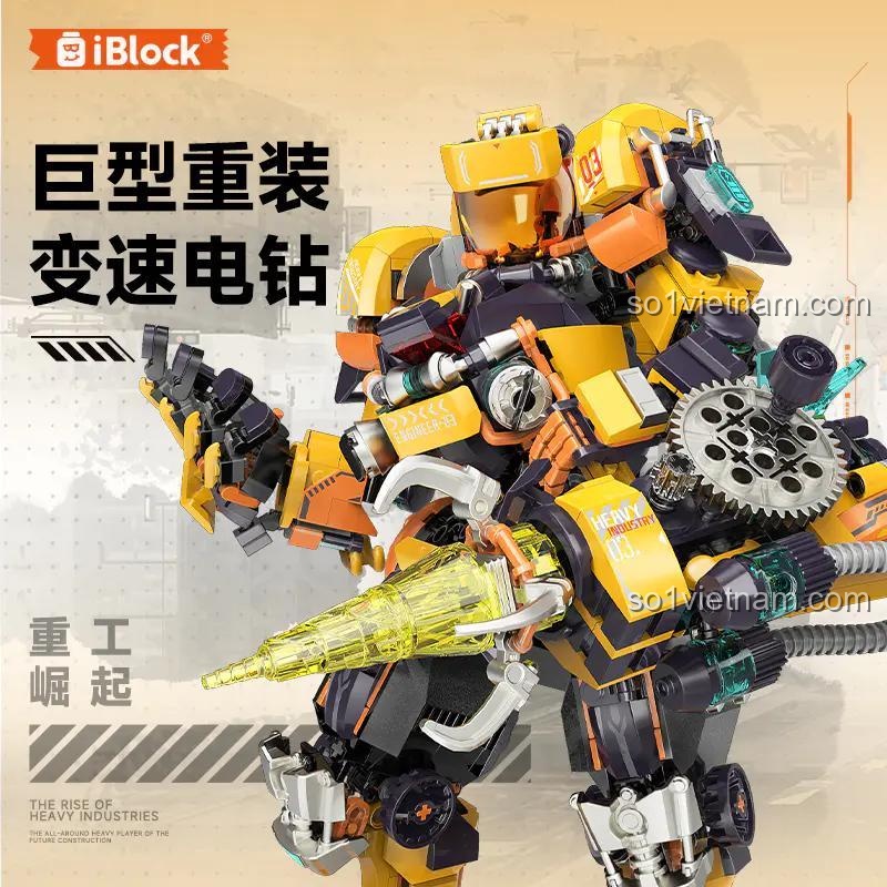 Cận cảnh vũ khí mũi khoan điện biến tốc của Mecha Công Trình Hạng Nặng iBlock, một chi tiết ấn tượng của bộ đồ chơi.