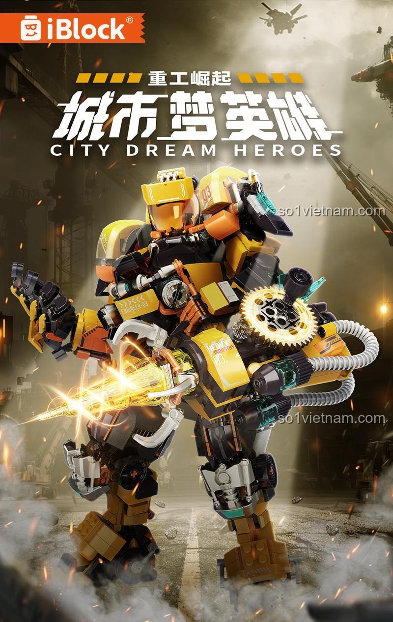Poster quảng cáo của bộ lắp ghép Người Máy Công Nghiệp iBlock ib1104 thuộc series Anh Hùng Giấc Mơ Thành Phố, giá tốt.