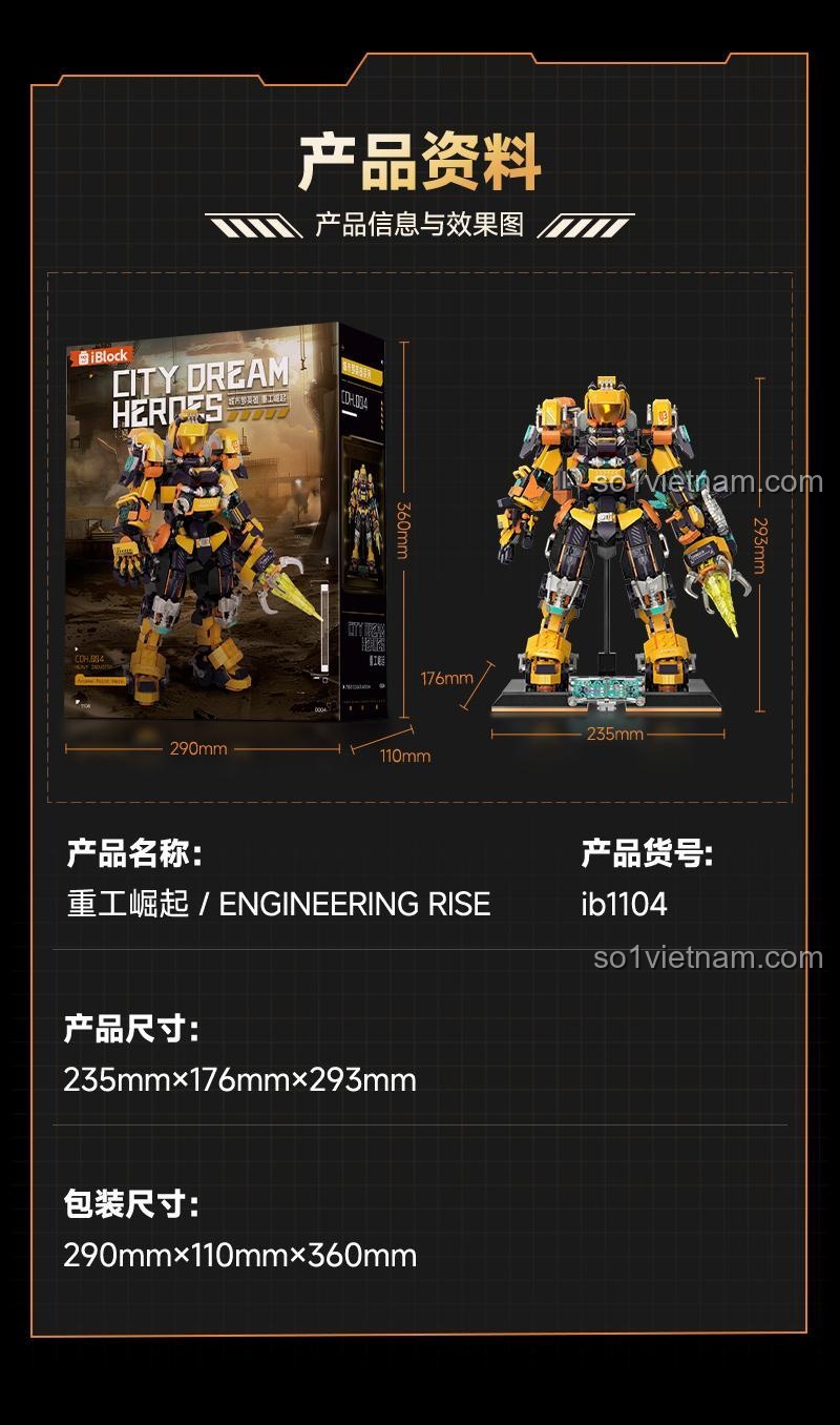 Ảnh thông tin sản phẩm và kích thước chi tiết của bộ đồ chơi iBlock ib1104, dành cho con trai 12 tuổi.