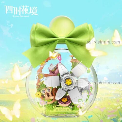 iBlock ib2101-1 Bình hoa mùa xuân với nơ xanh, mô hình hoa mùa xuân sống động, quà tặng ý nghĩa cho bé gái 14 tuổi, bộ lắp ghép hoa, đồ trang trí nhà cửa, đồ trang trí văn phòng