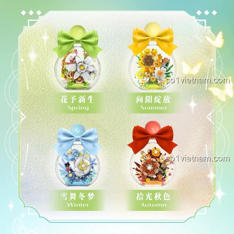 iBlock ib2101-1 Bộ sưu tập bốn mùa hoa, mô hình hoa mùa xuân, hè, thu, đông, quà tặng ý nghĩa cho bé gái 14 tuổi, bộ lắp ghép hoa, đồ trang trí nhà cửa, đồ trang trí văn phòng