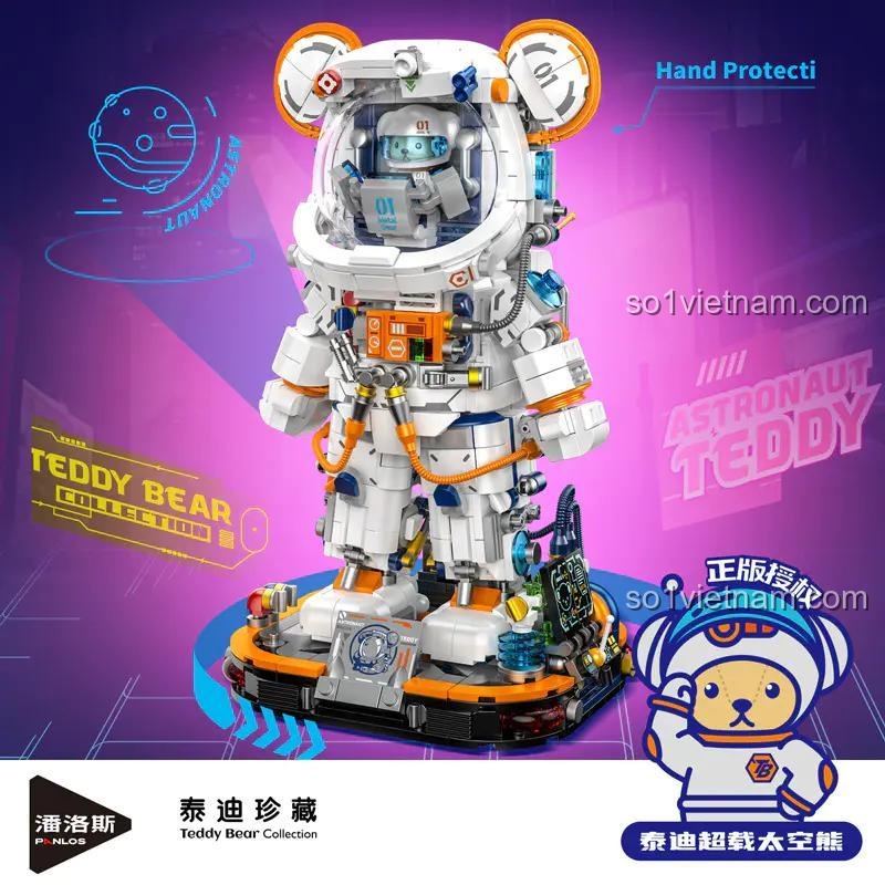 Mô hình Gấu Teddy Phi Hành Gia Ibrixx 881302 với thiết kế đầu trong suốt, cho thấy gấu teddy bên trong, 1343 mảnh ghép, phù hợp cho bé 14 tuổi