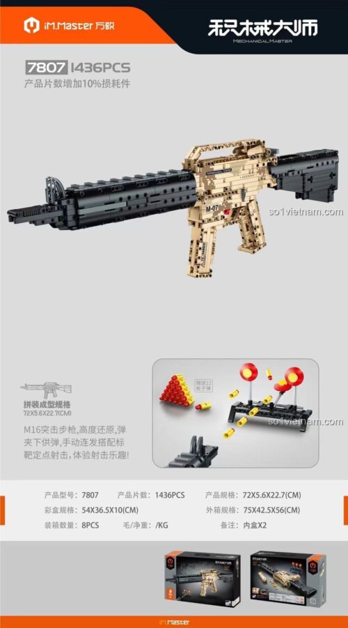 Hộp bộ lắp ráp IM.Master 7807 Súng Trường Tấn Công M16, đồ chơi mô hình súng M16 có kích thước rõ ràng, tính năng bắn đạn nhựa, phù hợp bé trai 12 tuổi.