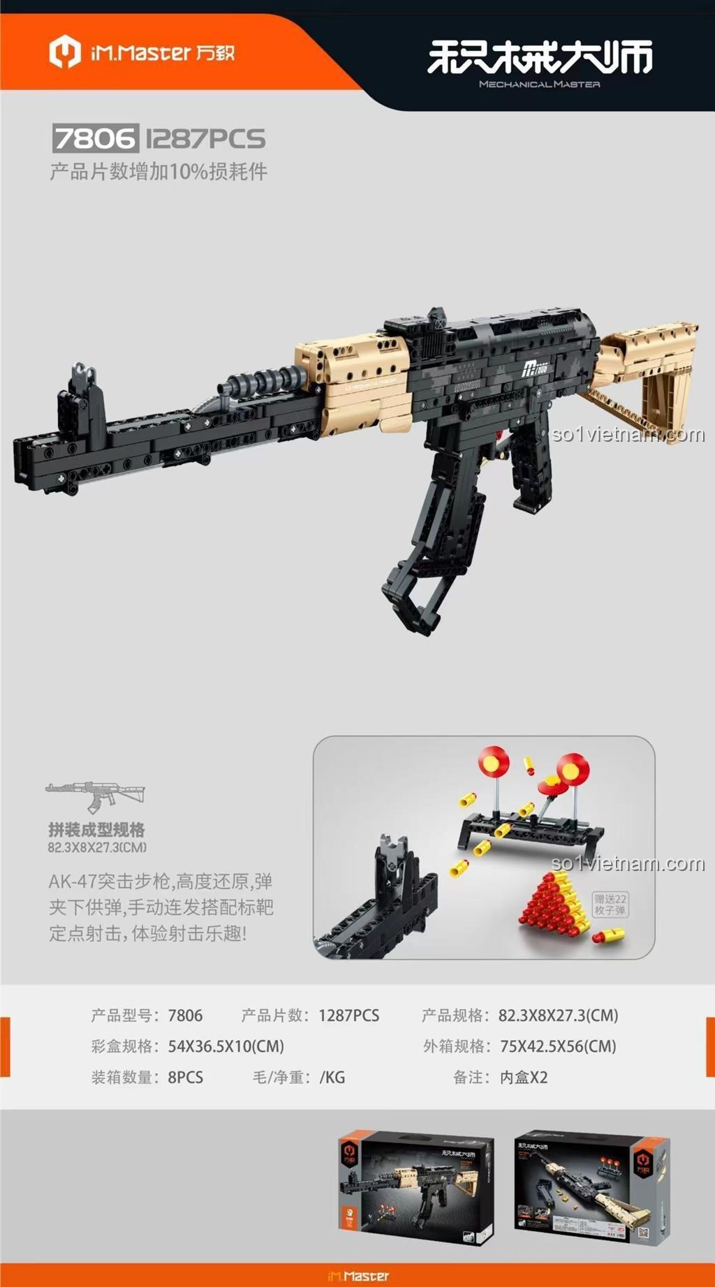 Hộp sản phẩm đồ chơi lắp ráp IM.Master QIHUI 7806 Súng tiểu liên AK-47, hiển thị 1287 chi tiết và kích thước mô hình, món quà hấp dẫn cho bé trai 12 tuổi.