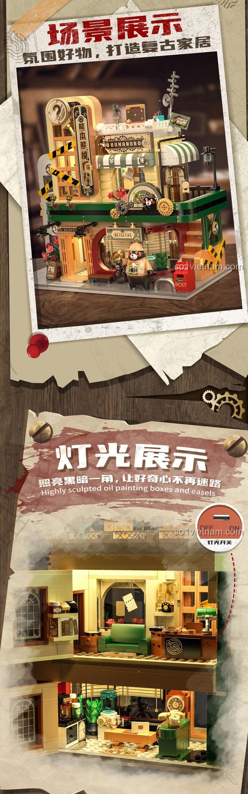 Chi tiết nội thất tinh xảo của bộ lắp ghép inbrixx 880035 Văn phòng Thám tử Tư Kumamon, đồ chơi mô hình chất lượng cao, giá tốt cho bé trai 6 tuổi