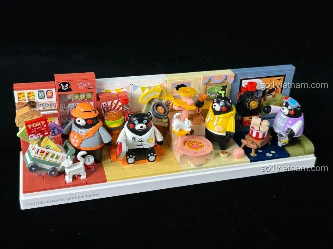 Bộ 4 minifigures Kumamon trong bộ lắp ghép Gấu Kumamon, mỗi nhân vật một phong cách, cực kỳ đáng yêu.