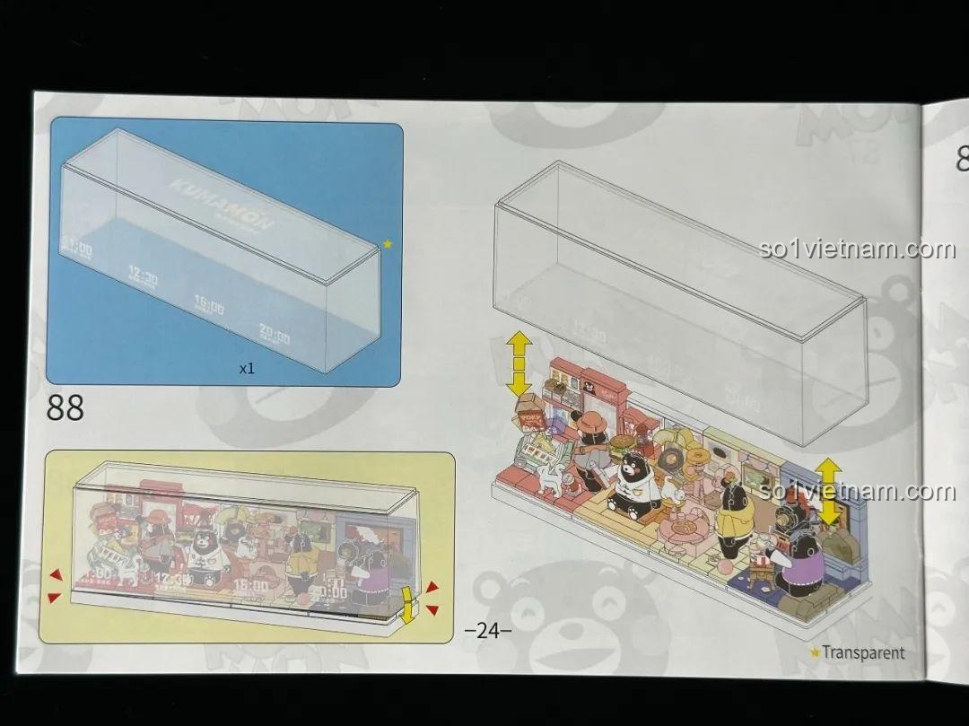 Hình ảnh Kumamon ăn bỏng ngô trong sách hướng dẫn 880038 đồ chơi mô hình, chi tiết sinh động.
