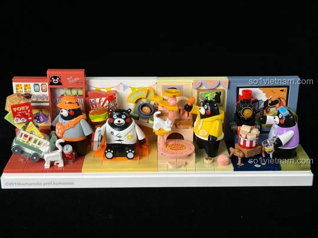 Mặt sau 4 minifigures Kumamon của đồ chơi mô hình Linh vật Kumamon, chi tiết hoàn thiện, chất lượng cao.