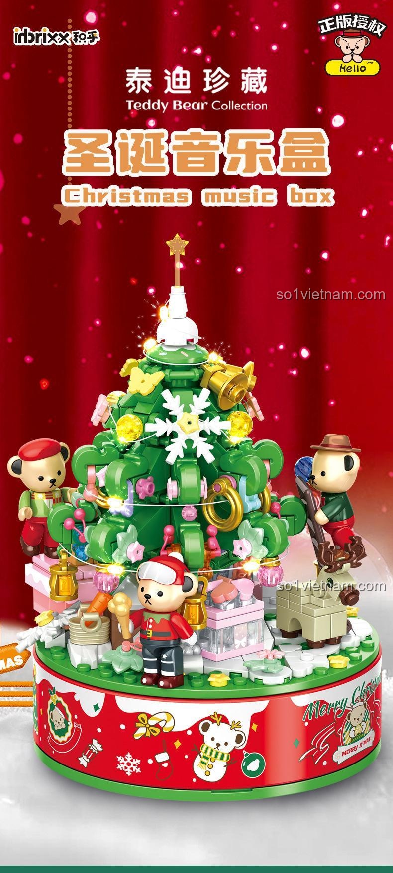 Chi tiết mô hình Hộp Nhạc Giáng Sinh Teddy Bear Collection, đồ chơi lắp ghép inbrixx 881305