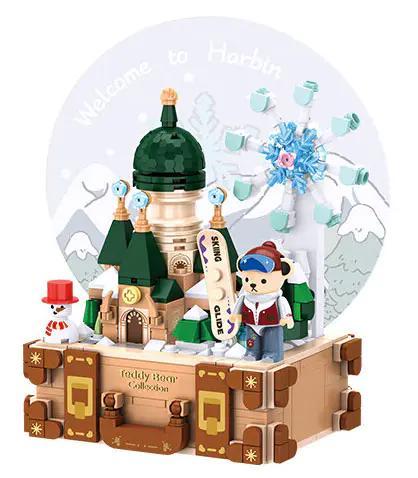 Ảnh chụp bộ lắp ghép Gấu Teddy Sophie inbrixx 881313, mô hình Cáp Nhĩ Tân mùa đông với lâu đài tuyết và vòng đu quay, món quà giá rẻ cho bé gái 6 tuổi.