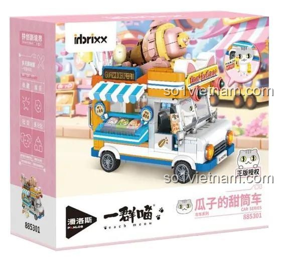 Hộp sản phẩm bộ xếp hình Xe kem của mèo Guazi inbrixx 885301, món quà sinh nhật ý nghĩa cho bé gái.