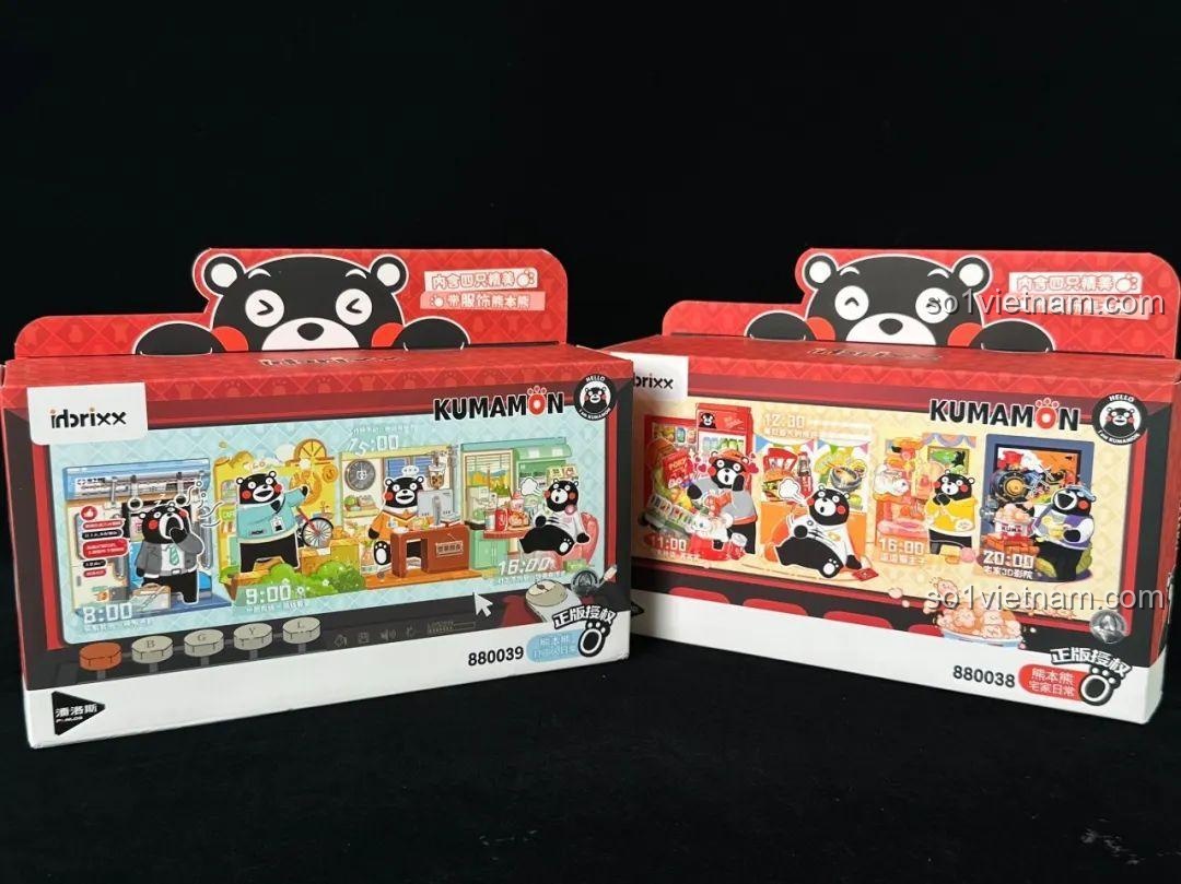 Hai hộp đồ chơi lắp ráp inbrixx Kumamon 880038 và 880039 với thiết kế bắt mắt, hình ảnh gấu Kumamon đáng yêu.