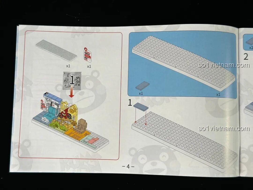 Bước đầu tiên trong quy trình lắp ráp inbrixx Kumamon 880039, xây dựng phần đế mô hình.