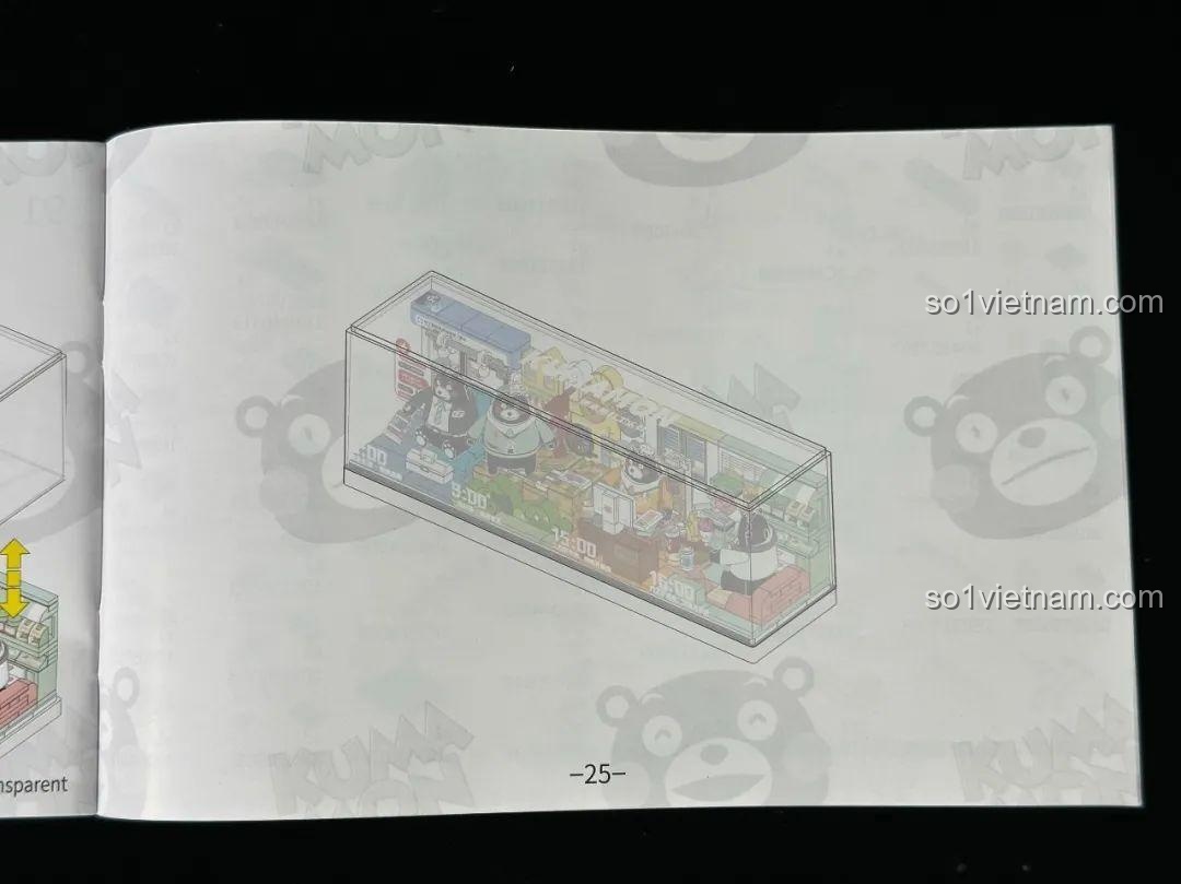 Tổng quan các bước lắp ráp và đặt mô hình inbrixx Kumamon 880039 vào hộp.