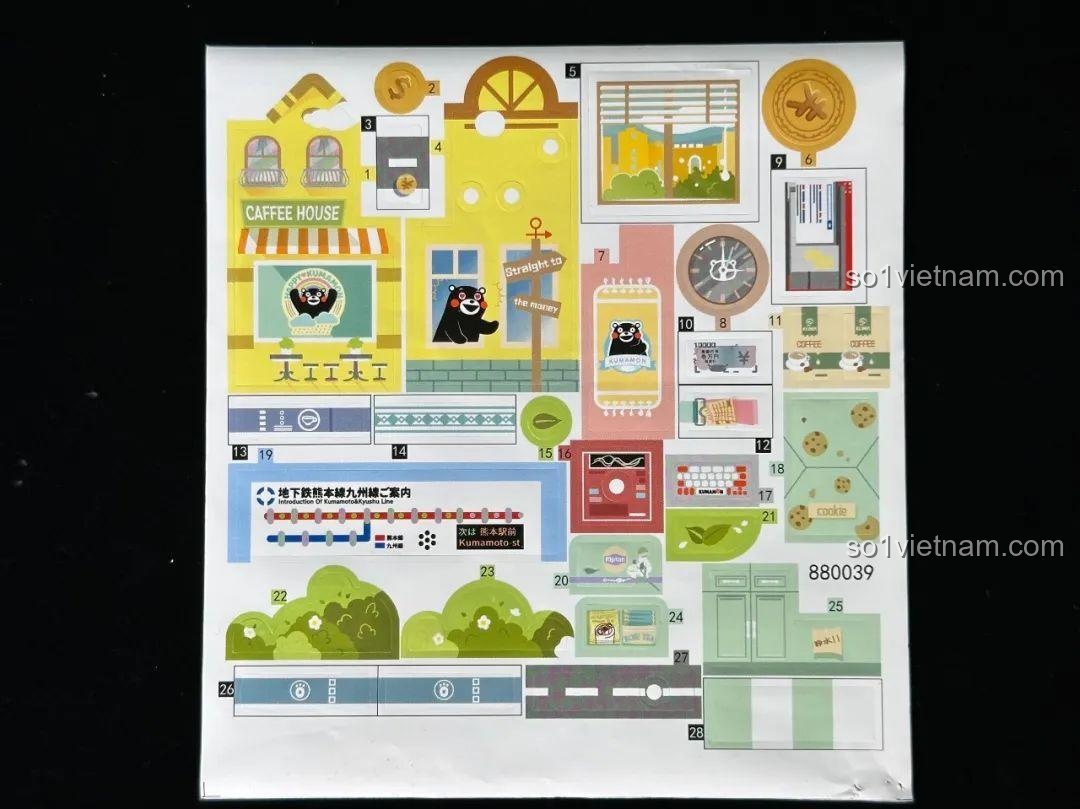 Tấm sticker chi tiết của bộ inbrixx Kumamon 880039 với các hình ảnh trang trí cho mô hình.