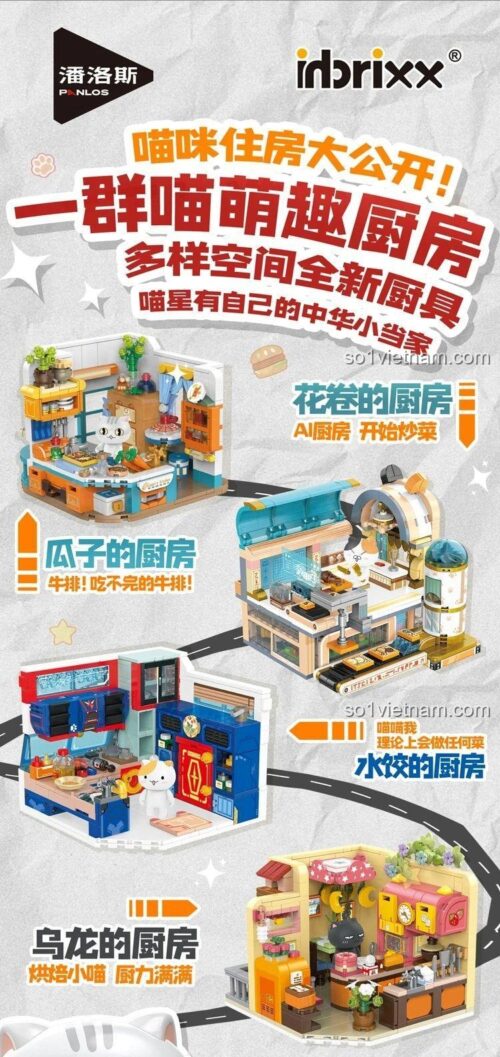 Hộp đồ chơi lắp ghép inbrixx YQMW Bếp Mèo Oolong, mô hình Bếp Mèo Đáng Yêu cho bé gái 6 tuổi, siêu tiết kiệm.