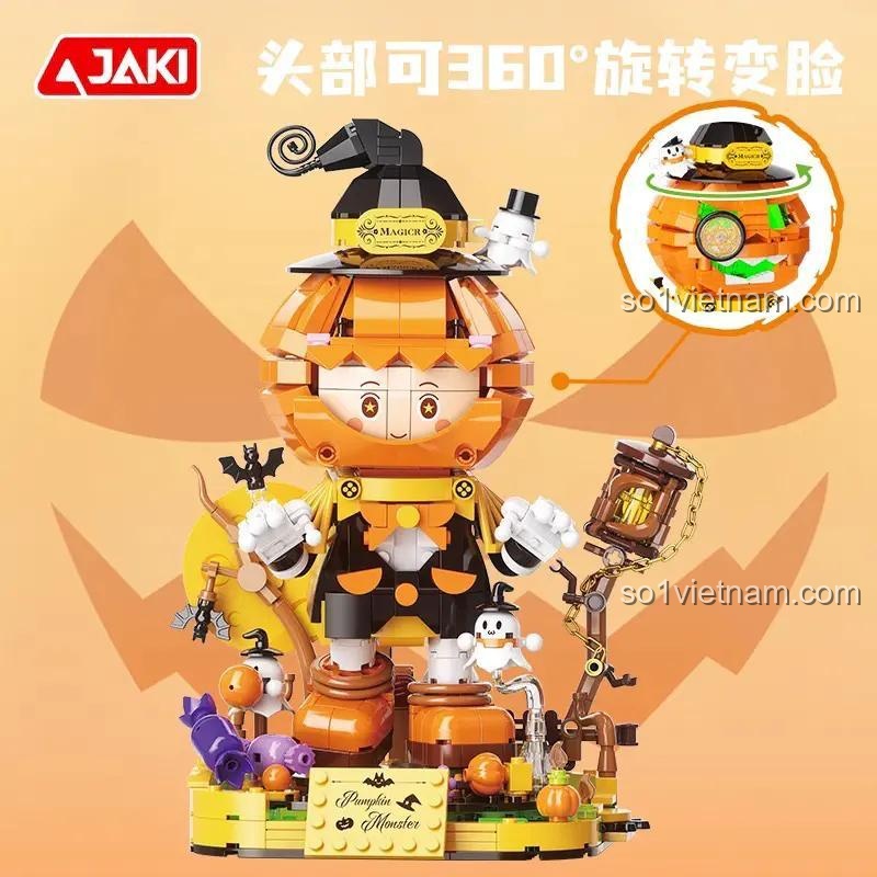 đồ chơi xếp hình Bí Ngô Ma Quái Halloween, mô hình bí ngô JAKI, đầu xoay 360 độ đổi mặt, cho bé trai bé gái 8 tuổi