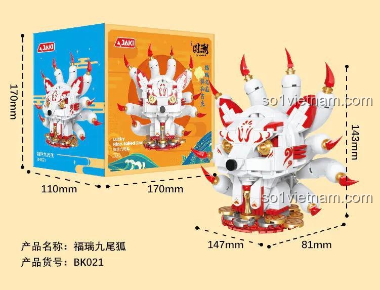 Hộp sản phẩm và kích thước mô hình Thần Thú Cửu Vĩ Hồ May Mắn JAKI BK021, bộ lắp ghép đồ chơi sáng tạo cho bé 14 tuổi