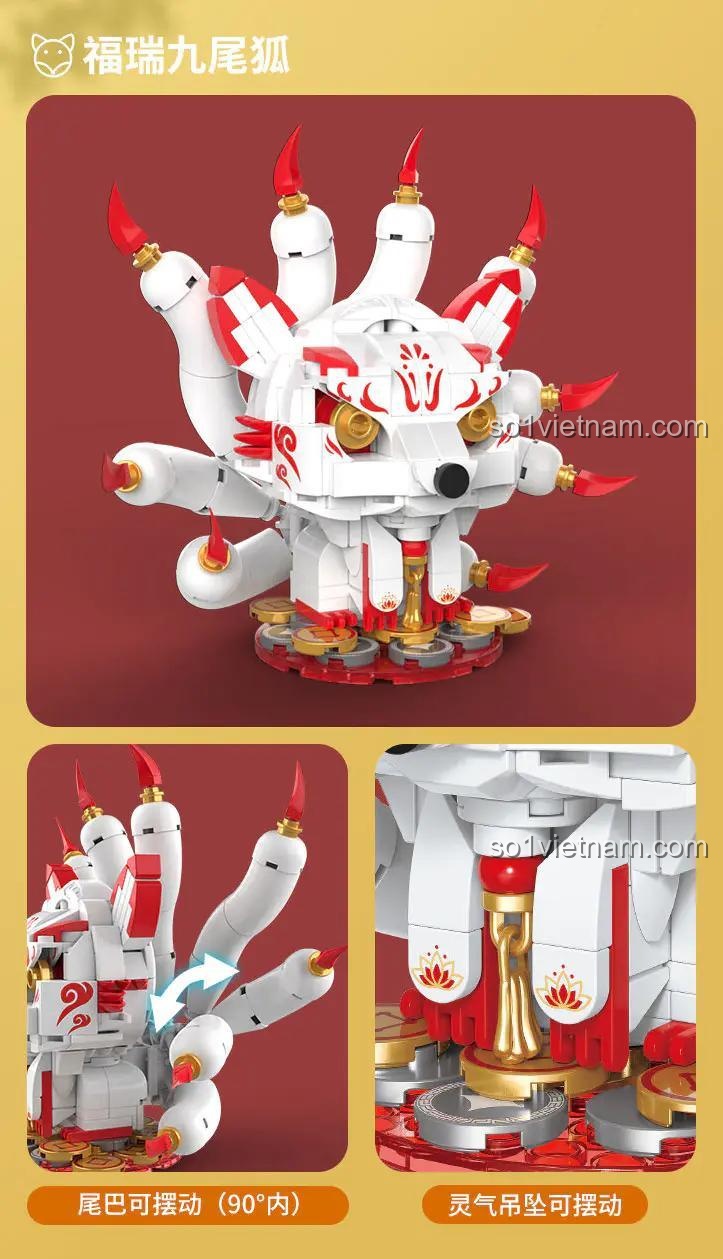 Tính năng xoay đuôi và chân đế của mô hình Thần Thú Cửu Vĩ Hồ May Mắn JAKI BK021, đồ chơi phát triển trí tuệ cho bé 14 tuổi