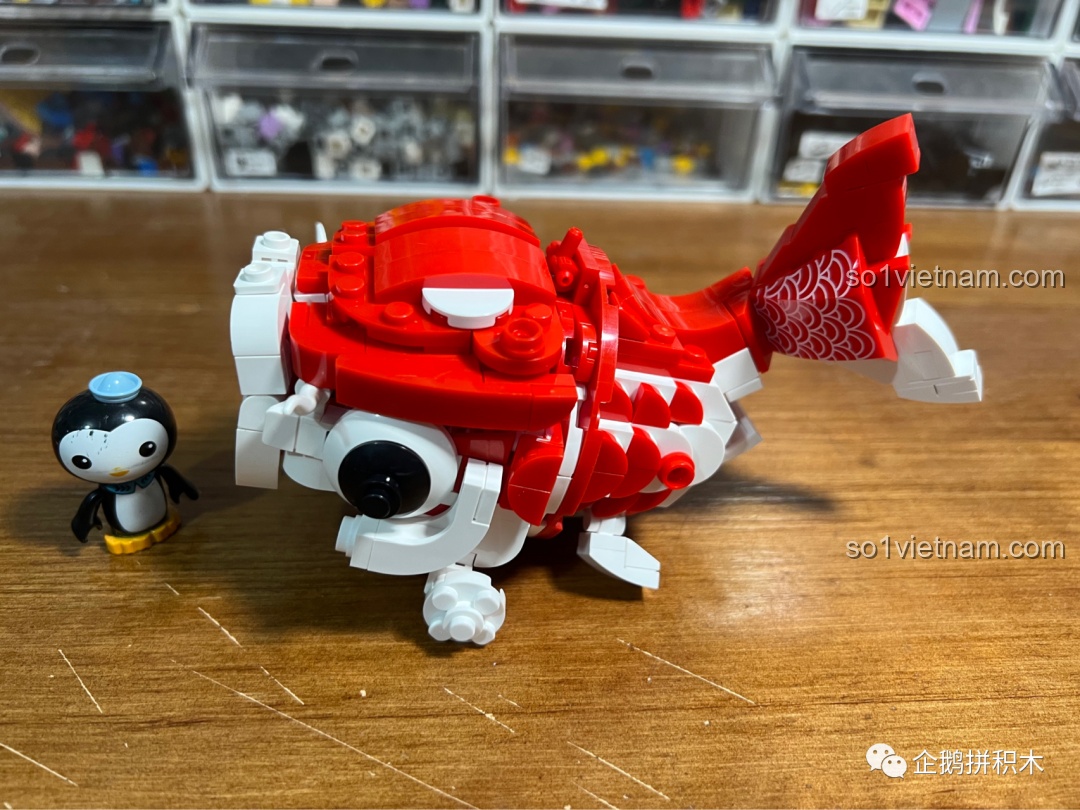 Góc nghiêng của mô hình Cá Chép Vận May JAKI, thể hiện dáng bơi lượn uyển chuyển và mạnh mẽ.