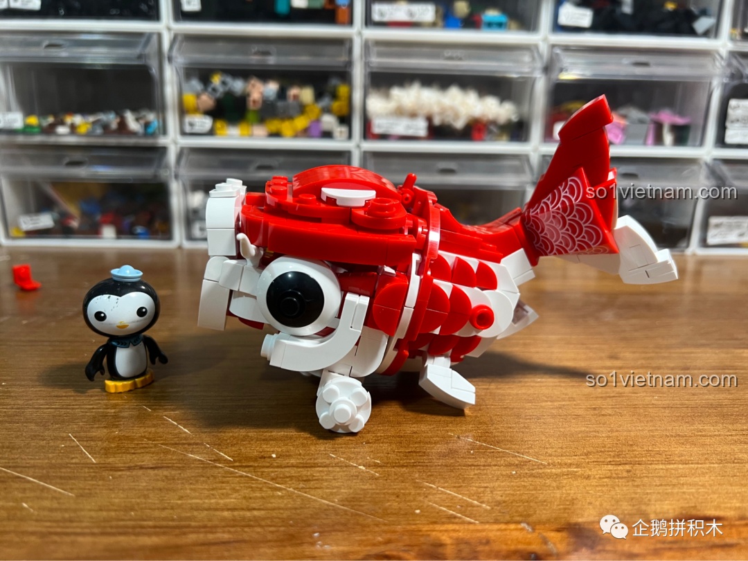 Mô hình Cá Chép Vận May JAKI hoàn thiện được đặt trên đế hoa sen, sẵn sàng để trưng bày.