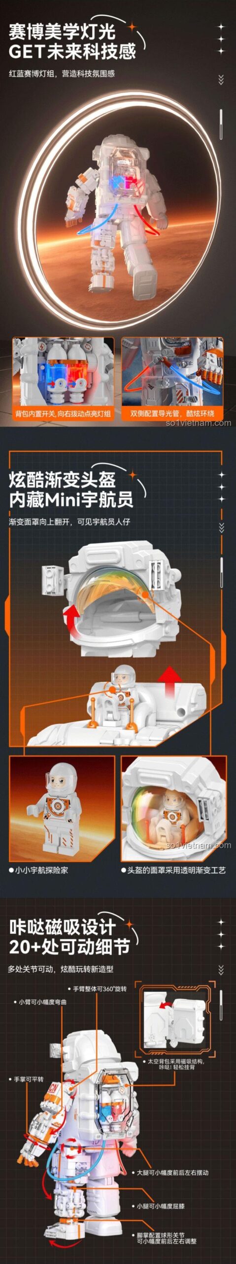 Phi hành gia Phá Bình Minh JAKI CK001 có đèn LED, minifigure ẩn, đồ chơi mô hình chất lượng cao cho bé trai 8 tuổi