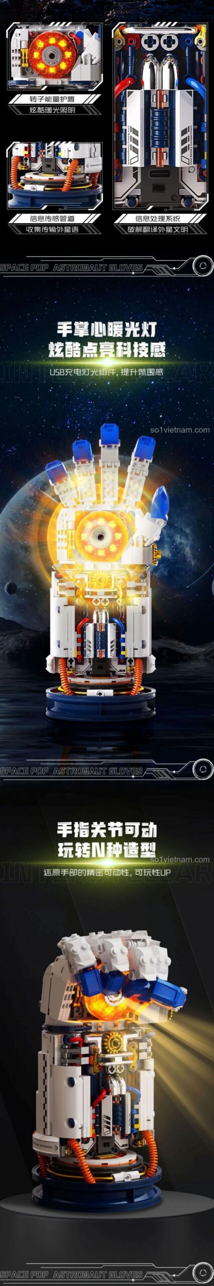 Bộ lắp ghép JAKI CK018 Găng Tay Cơ Khí Phi Hành Gia với đèn LED hiệu ứng nhịp tim, mang lại trải nghiệm giác quan độc đáo cho bé trai 8 tuổi.