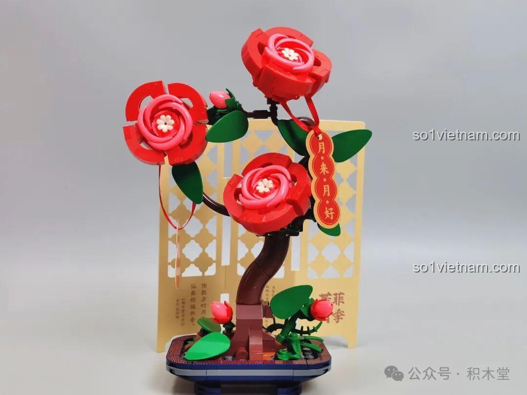 Bộ Lắp Ghép Hoa Thủy Tiên JAKI DK002 - Các hộp sản phẩm với màn hình trang trí và các mẫu hoa bên cạnh nhau với các màn hình trang trí và các mẫu hoa và các màn hình