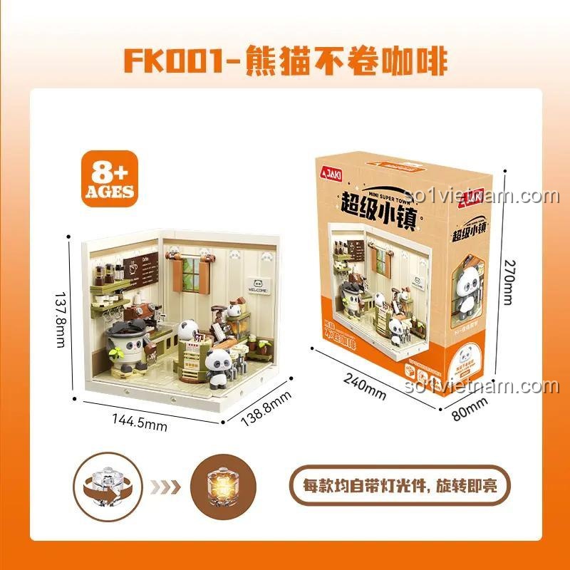 Kích thước hộp và mô hình quán cà phê gấu trúc JAKI FK001, bộ đồ chơi lắp ráp