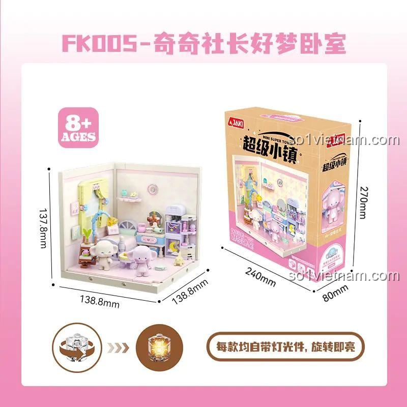 Kích thước hộp sản phẩm JAKI FK005 (24x8x27 cm) và kích thước mô hình (13.88x13.88x13.78 cm), có nhân vật voi và chi tiết phòng ngủ