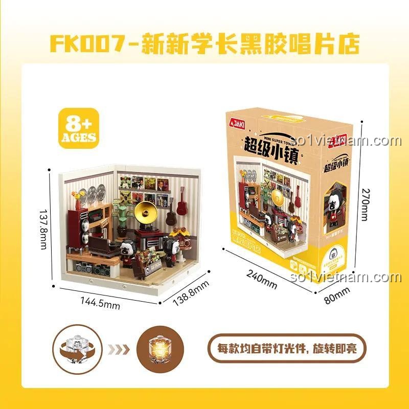 Kích thước hộp sản phẩm Cửa hàng Đĩa Than FK007 JAKI, đồ chơi lắp ghép mini block, có đèn LED, xoay đĩa than, cho bé 8 tuổi