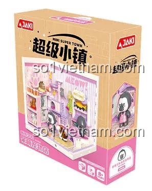 Hộp sản phẩm bộ đồ chơi cửa hàng thú cưng JAKI FK008, có hình ảnh mô hình bên trong và thông tin sản phẩm, đồ chơi lắp ghép cho bé gái 8 tuổi