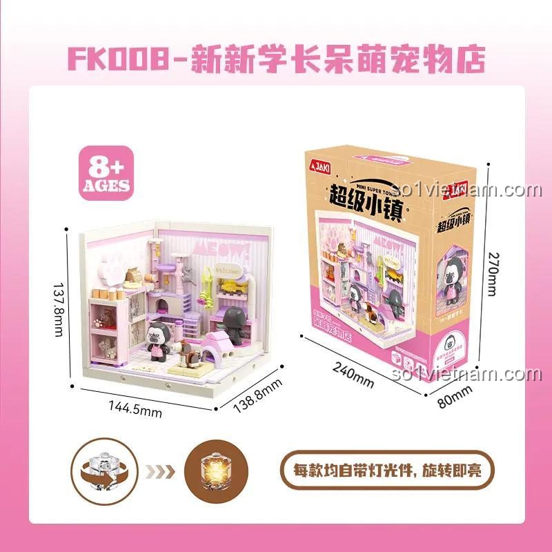 Kích thước mô hình cửa hàng thú cưng JAKI FK008 và kích thước hộp sản phẩm, đồ chơi lắp ghép cho bé gái 8 tuổi
