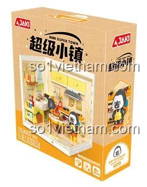 Hộp sản phẩm bộ lắp ghép JAKI FK009 Nhà Bếp Ngon, có hình ảnh mô hình bên trong, phù hợp cho bé gái 8 tuổi