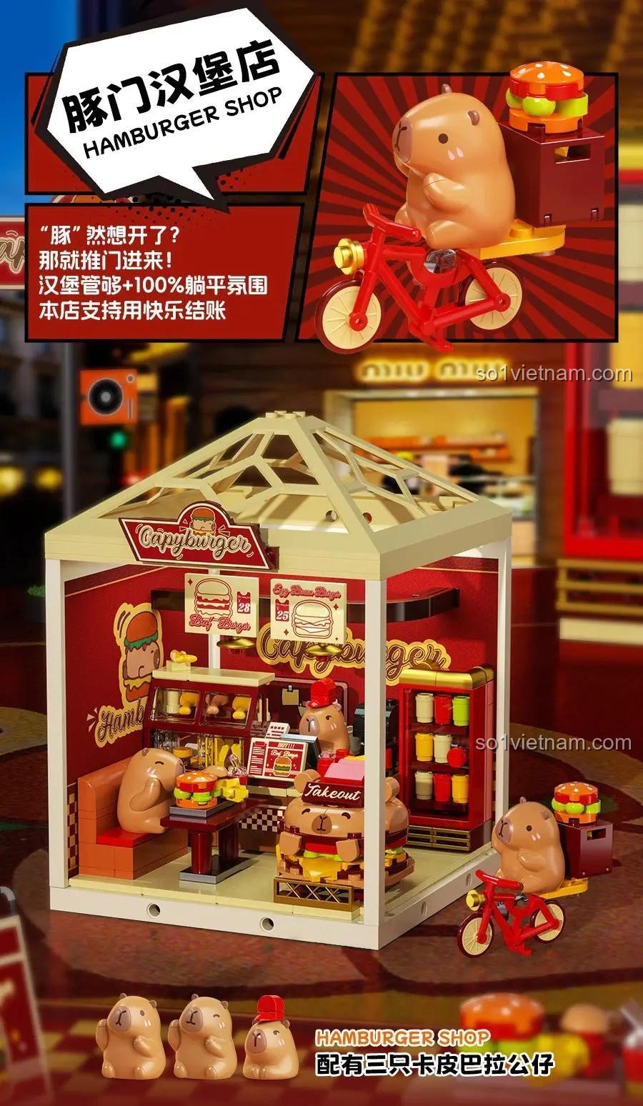 Đồ chơi lắp ghép JAKI FK021 Tiệm bánh mì kẹp thịt Capybara với 3 minifigures Capybara, có đèn LED, đáng tiền cho bé gái 8 tuổi.