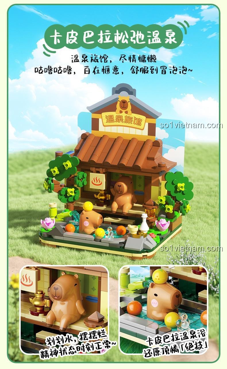 Bộ sưu tập JAKI Capybara với các mô hình suối nước nóng, bãi biển và cắm trại, đồ chơi lắp ráp sáng tạo cho trẻ em.