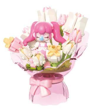 Mô hình bó hoa Nanci "Puff Strawberry" JAKI HK121, đồ chơi lắp ghép mini block màu hồng và trắng, phù hợp cho bé gái 8 tuổi, món quà dễ thương