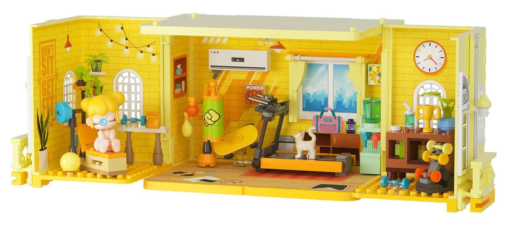 Mô hình bộ lắp ghép Nanci Đạt Nhân Phòng Gym JAKI HK131 với búp bê Nanci, máy chạy bộ, tạ, bóng tập gym, đèn trang trí