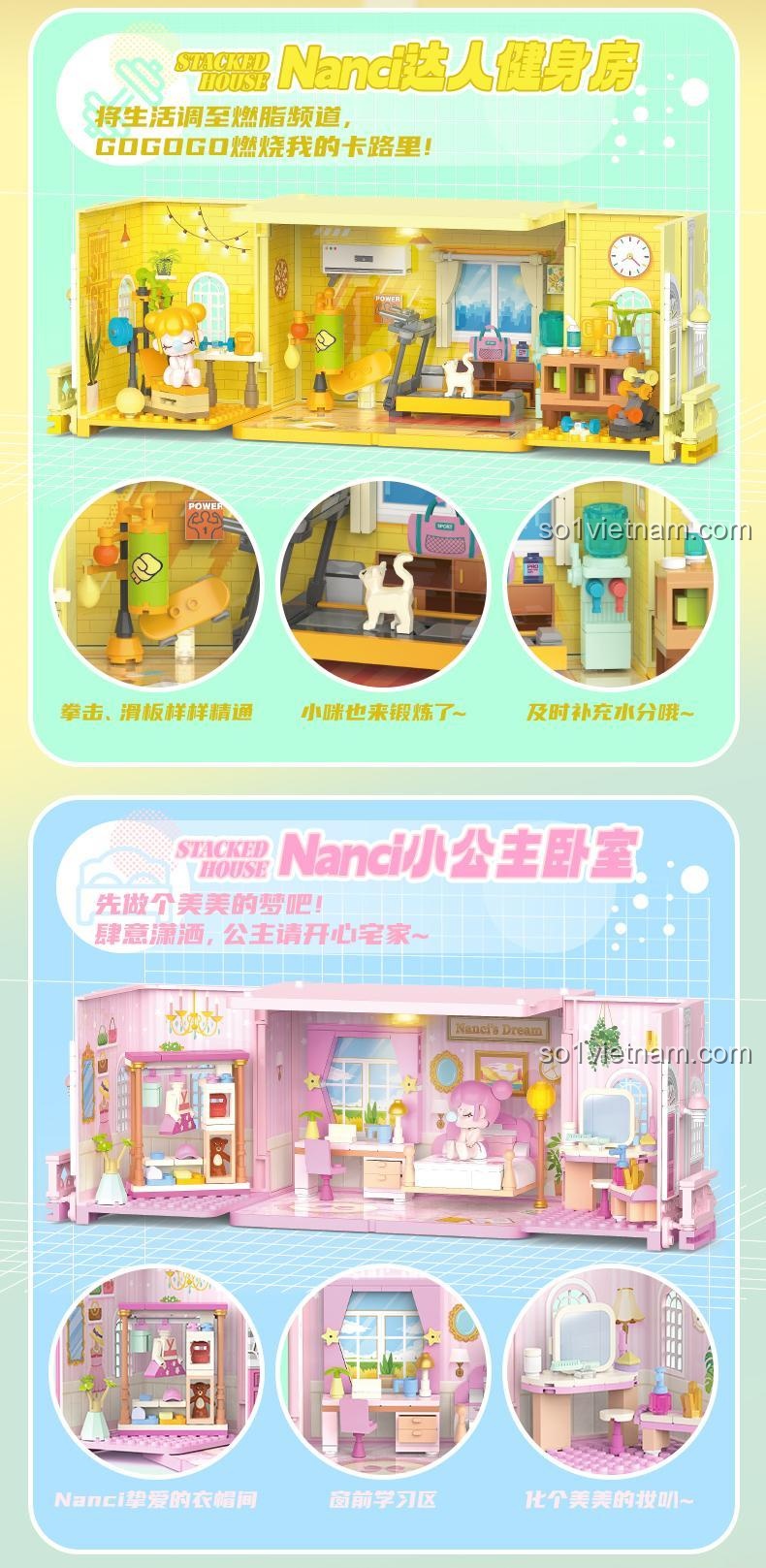 Phòng ngủ công chúa trong Nanci Ngôi Nhà Xếp Chồng, đồ chơi lắp ráp JAKI HK136, mô hình Nanci cho bé gái