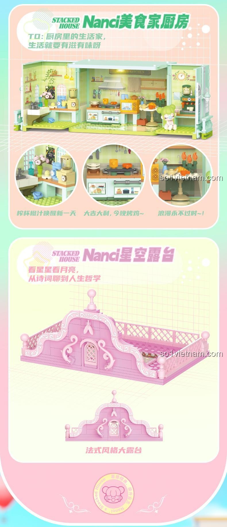 Sân thượng bầu trời Nanci Ngôi Nhà Xếp Chồng với phong cách Pháp, đồ chơi lắp ráp JAKI HK136, mô hình Nanci cho bé gái