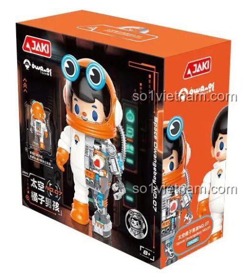 Hộp sản phẩm đồ chơi lắp ghép JAKI HK301 Space Owangeboy NO.07, bộ xếp hình phi hành gia cho bé 8 tuổi, có hình ảnh mô hình và thông tin sản phẩm