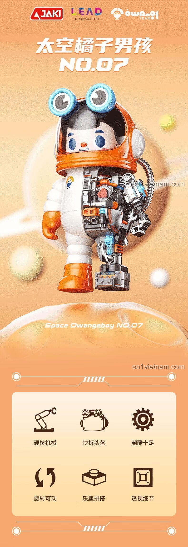 Mô hình phi hành gia Space Owangeboy NO.07 JAKI HK301 với các biểu tượng tính năng, đồ chơi lắp ghép cho bé 8 tuổi, thể hiện cơ khí cứng, mũ tháo rời, đèn trái tim, khớp nối xoay