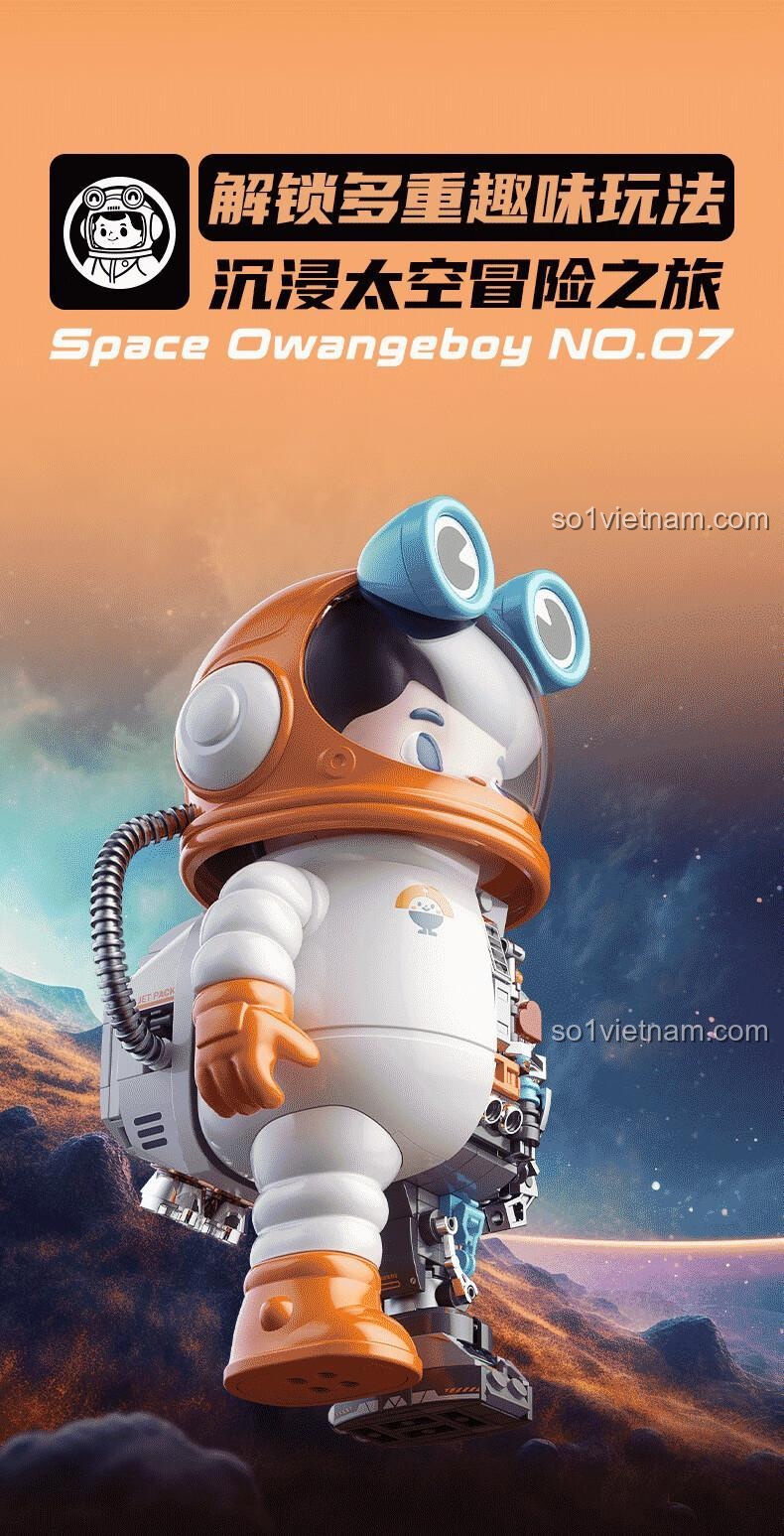 Mô hình phi hành gia Space Owangeboy NO.07 JAKI HK301 trên nền vũ trụ sáng tạo, đồ chơi lắp ghép cho bé 8 tuổi, thể hiện hành trình khám phá không gian