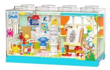Bộ Lắp Ghép Smurf - Xưởng Vẽ Kỳ Diệu JAKI HK320 có đèn LED, thiết kế trong suốt chống bụi 360 độ, dành cho bé 8 tuổi