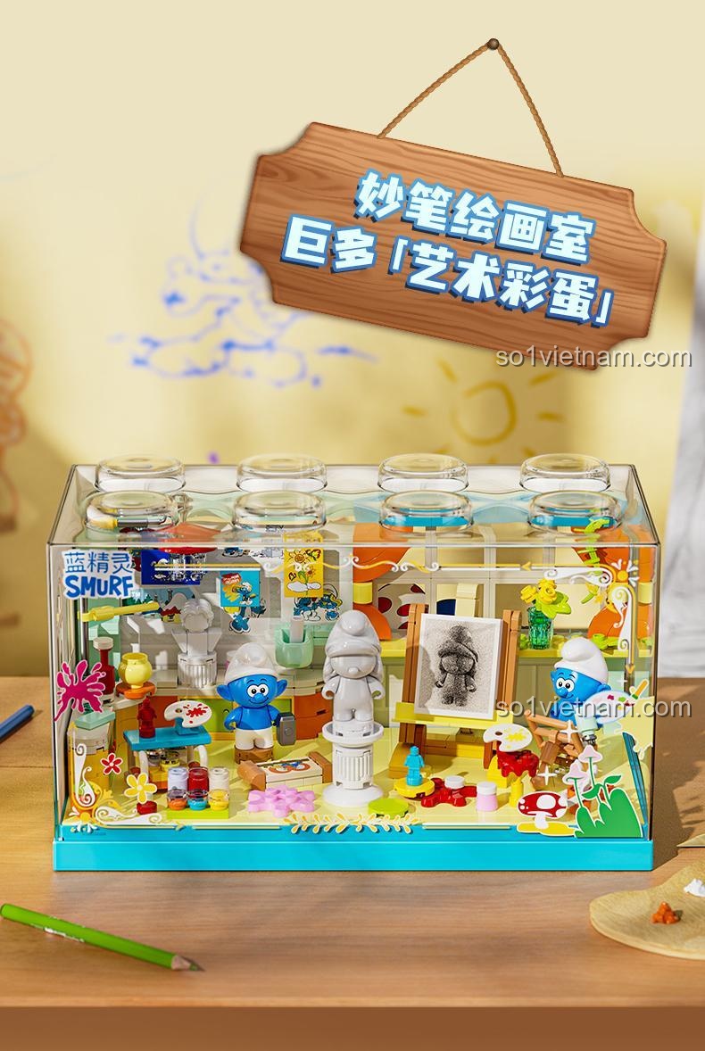 Cảnh trong mô hình Bộ Lắp Ghép Smurf - Xưởng Vẽ Kỳ Diệu JAKI HK320