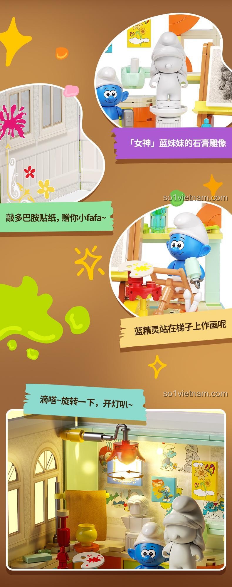 Cảnh trong mô hình Bộ Lắp Ghép Smurf - Xưởng Vẽ Kỳ Diệu JAKI HK320