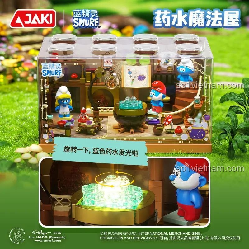 Chi tiết mô hình Smurf: Nhà Thuốc Phép Thuật JAKI HK321 với đèn LED, bộ lắp ghép Smurf, đồ chơi giáo dục cho bé 8 tuổi
